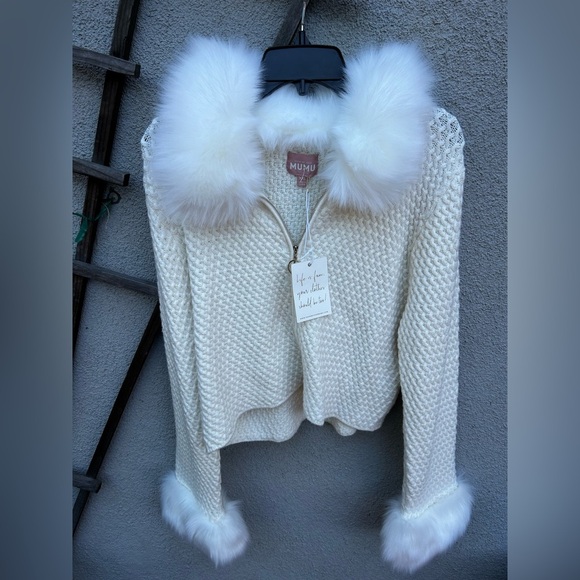Show Me Your MuMu Zermatt Zip Up White Pebble Knit with Faux Fur New with Tags! - Picture 6 of 12
